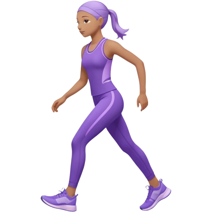 Modern premium 3D emoji icon: faceless gender-neutral person walking (mid-step) in sporty activewear, smooth rounded shapes, matte + subtle gloss, top-left studio light, soft shadow, faint motion trail. Purple outfit with lavender accent (no navy). Centered, transparent background, no text emoji