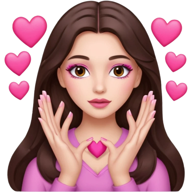Pink and brown emoji, love emoji inspired with brunette hair, brown eyes, long hair, heart shape lips and pink make up making a heart with her hands and pink nails, mauve pink blush emoji