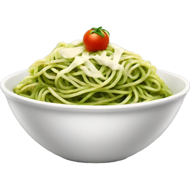 A big bowl with spaghetti with green pesto with mozarella and tomato  emoji