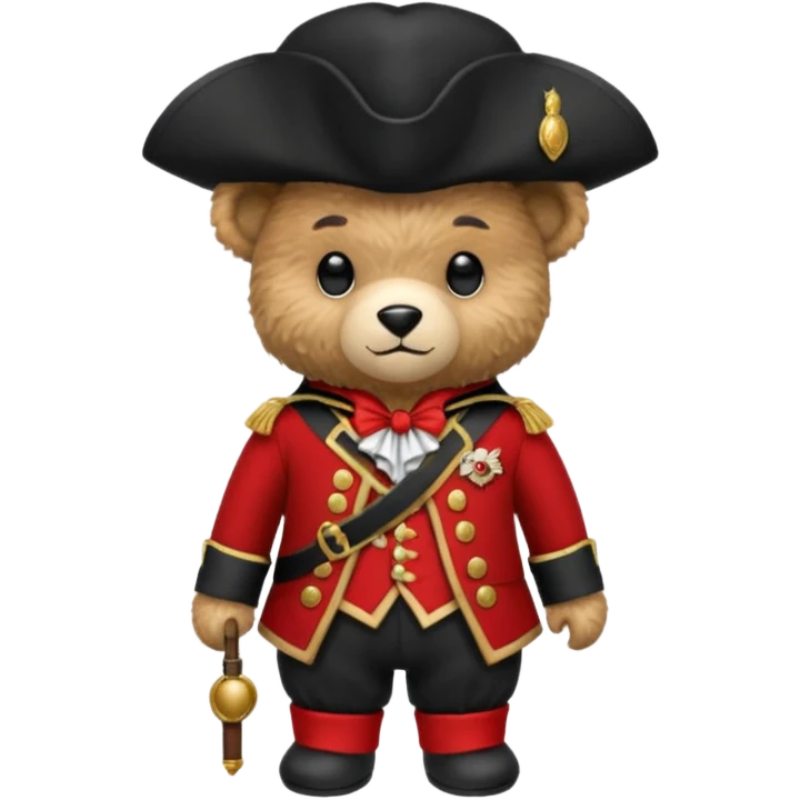 Fuzzy teddy bear in a red colonial outfit with a black tricorn hat. emoji