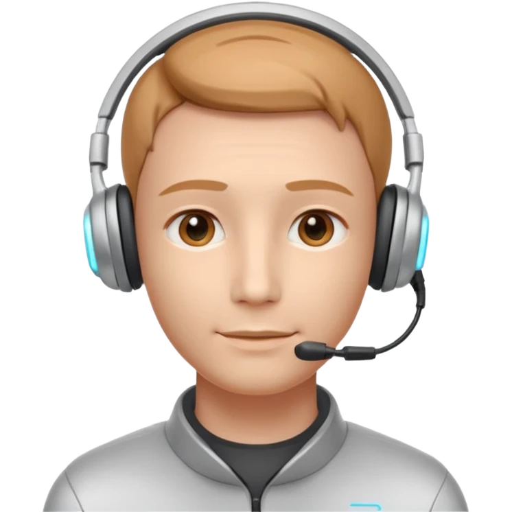 AI Call Agent holo-human-like Cyber AI face, warm, calm and friendly. Holographic look.Soft AI face with a listening, welcoming expression, minimal facial lines, calm eyes. Light headset. Man. emoji