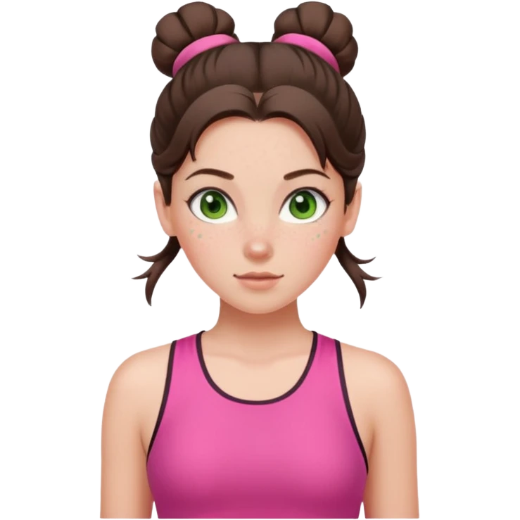 a white brunette girl with green eyes and freckles going for a run in a pink outfit with hair up in bun emoji
