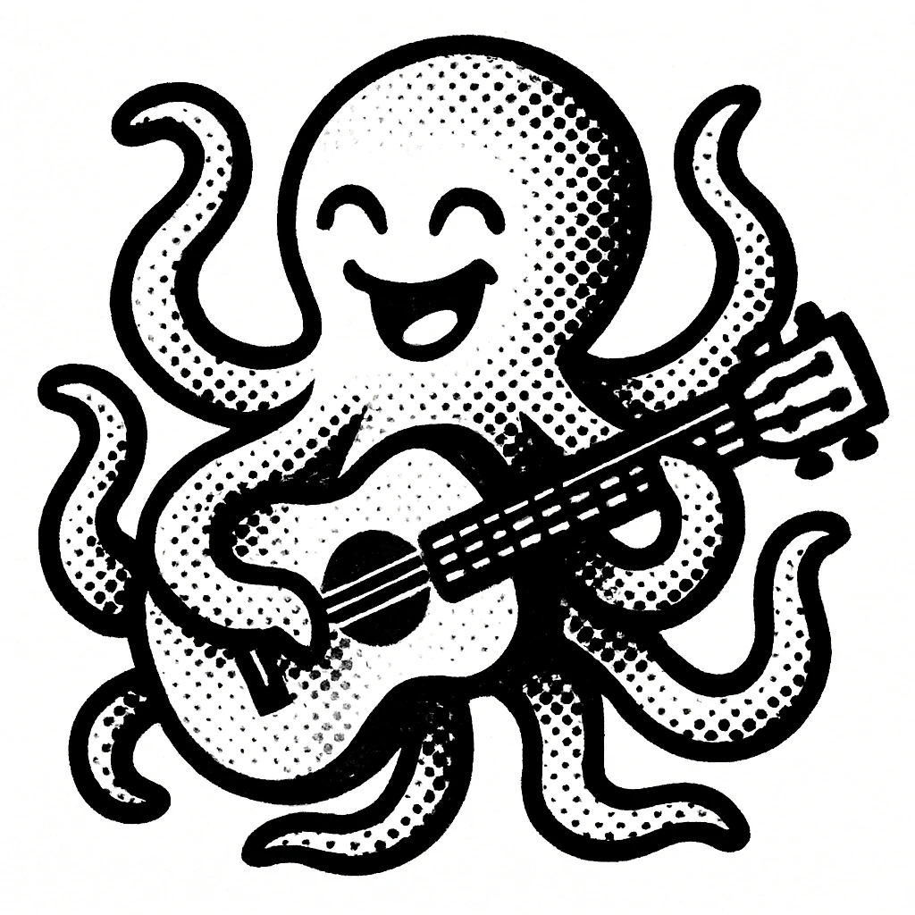 happy octopus with multiple arms playing guitar emoji