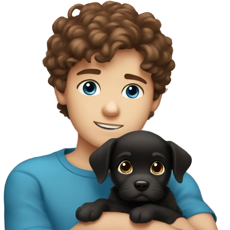 Brown hair boy with blue eyes with fluffy black puppy emoji