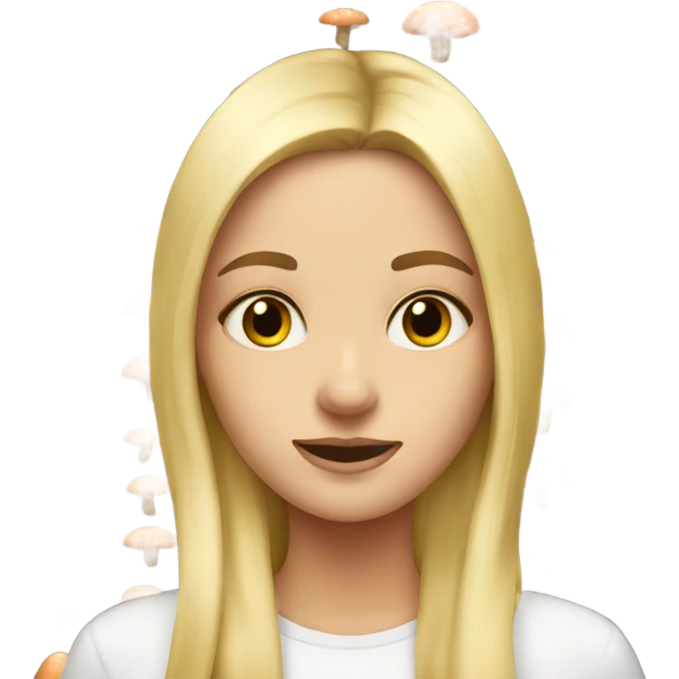 blonde girl looking at viewer with mushrooms in background  emoji