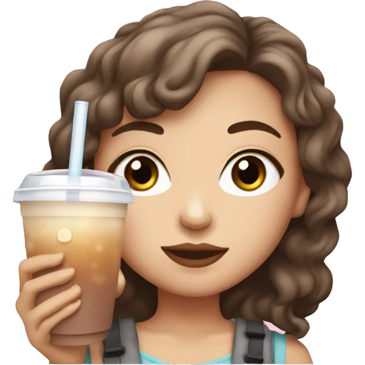 White girl with brown hair and brown eyes drinking bubble tea emoji