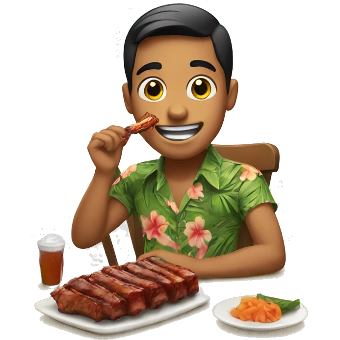 a Hawaiian boy with a bun eating ribs on  a table emoji