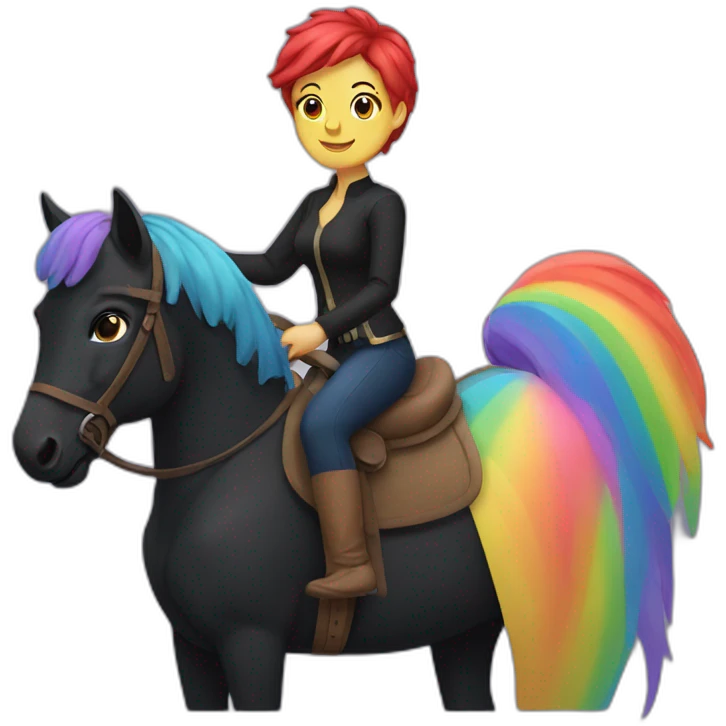 Woman whit short rainbow hair riding a black horse emoji