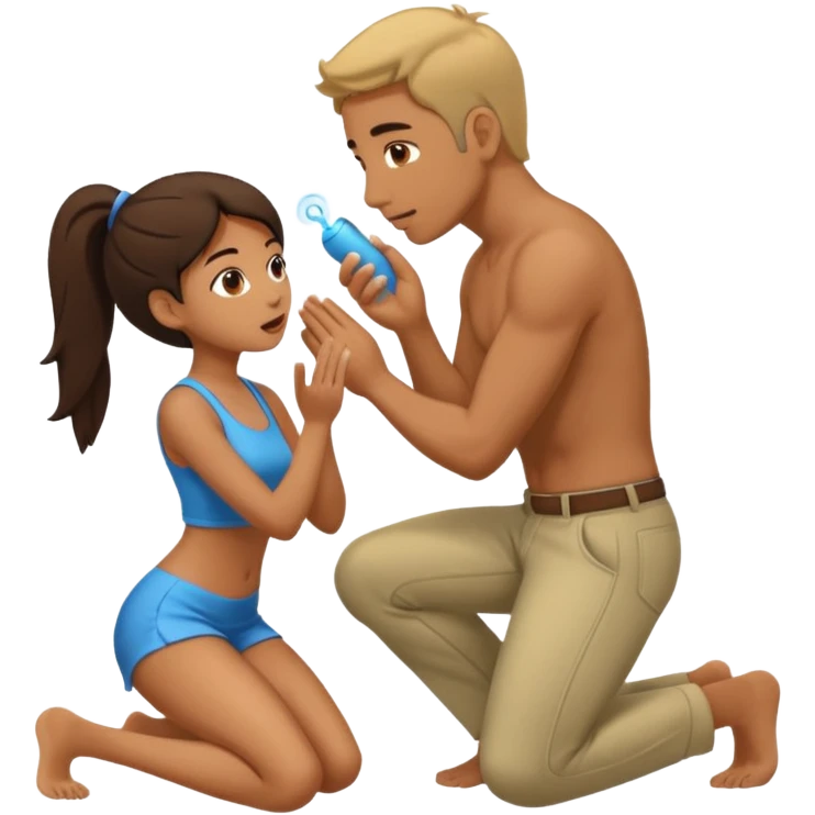 Mulher de joelhos aos pés de um homem em pé fazendo um boquete nele emoji