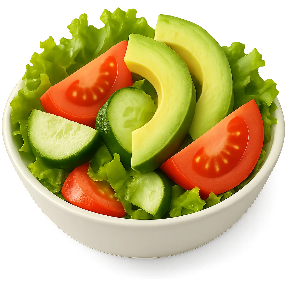 bright and colorful salad in a small white bowl, featuring lettuce, tomato, cucumber, and sliced avocado, clean and simple composition emoji