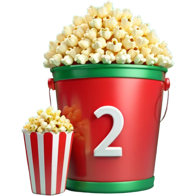 A 3D number 2 in a movie theater setting, shiny red surface; bright string lights on the number, the border is green with tiny string lights like stroke ; cinematic glow with subtle haze; glossy, premium Hollywood countdown look; centered composition. emoji