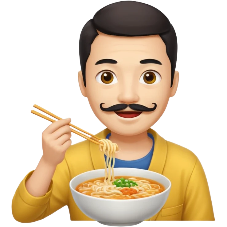 Chinese guy, yellow emoji, with long moustache smiling with ramen emoji