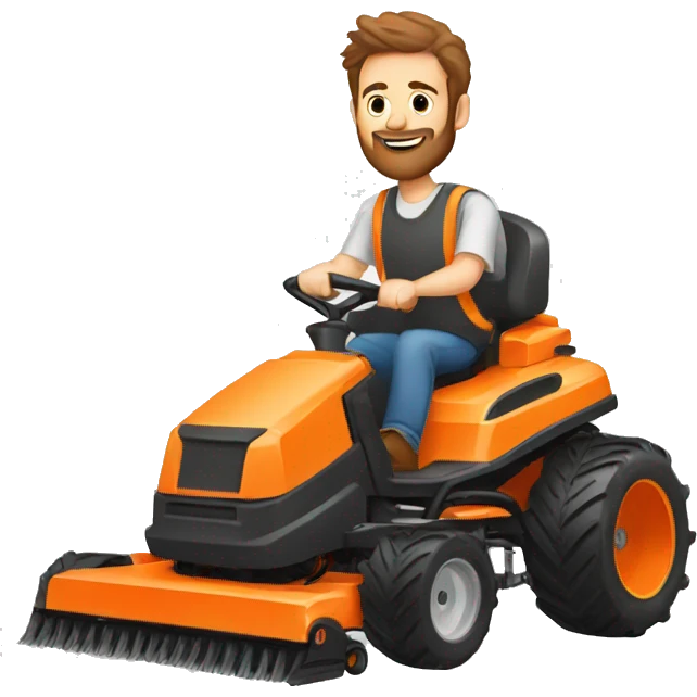 A white man with brown hair and a beard pushing an orange mower emoji