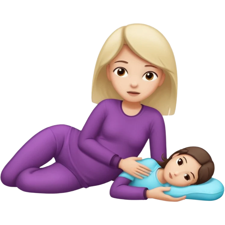 A girl, lying on her side suffering from menstrual cramps, has a hot water bottle on her stomach. emoji