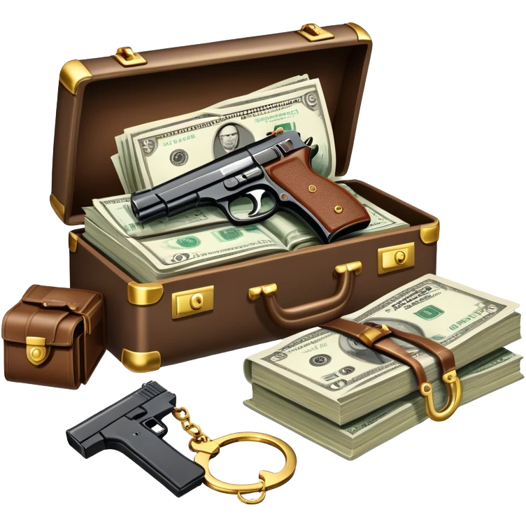 Icon for Action & Crime Reading: an open book, action-packed scenes, featuring a gun, handcuffs, a detective's badge and a briefcase with money. The icon should capture the tension and excitement of crime and action stories. Transparent background. emoji