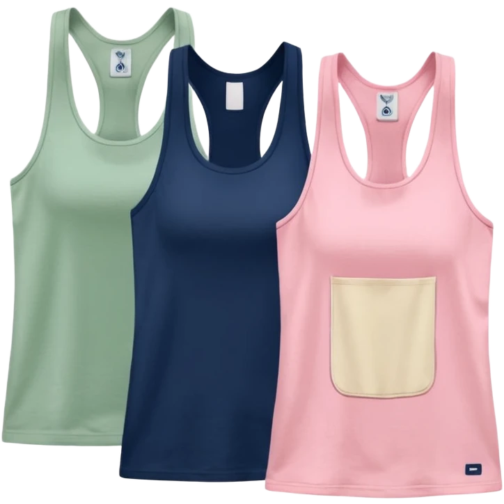 Multiple racerback tank tops, one cream one cream one sage green one navy blue one pink emoji