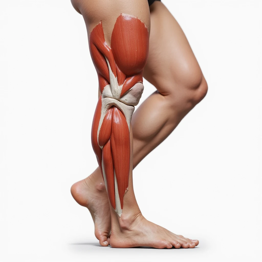 hyperrealistic illustration on white background of a leg with overload: unbalanced posture, all weight on the leg, quadriceps area highlighted, 4K details, variant 6 emoji