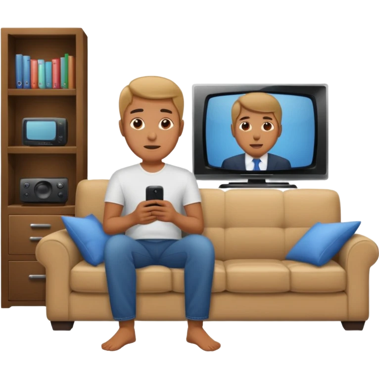 A man photographed from behind, sitting on a sofa and watching the news on TV. The setting is a living room. emoji