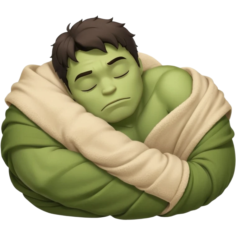 Incredible Hulk eyes closed sleeping lying down curled up in a beige blanket up to his neck emoji