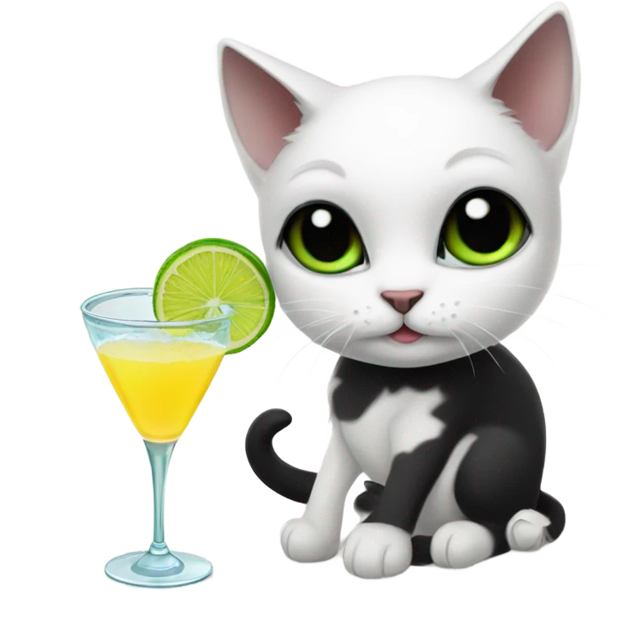 Create a white cat with black ears and a black tail drinking a margarita emoji