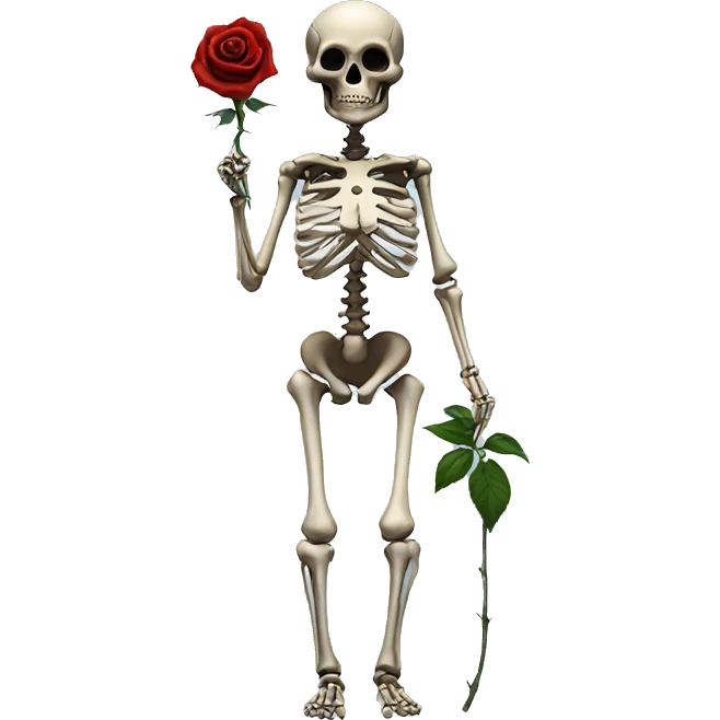 women Skeleton with black rose in hand seriously judging, standing emoji
