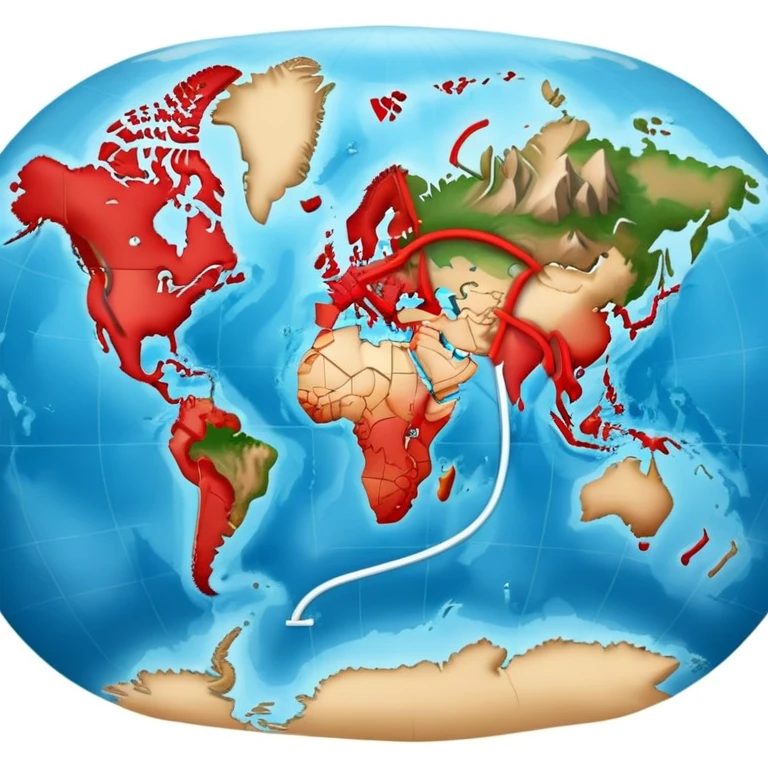 world map with a red travel route line showing a journey across continents emoji