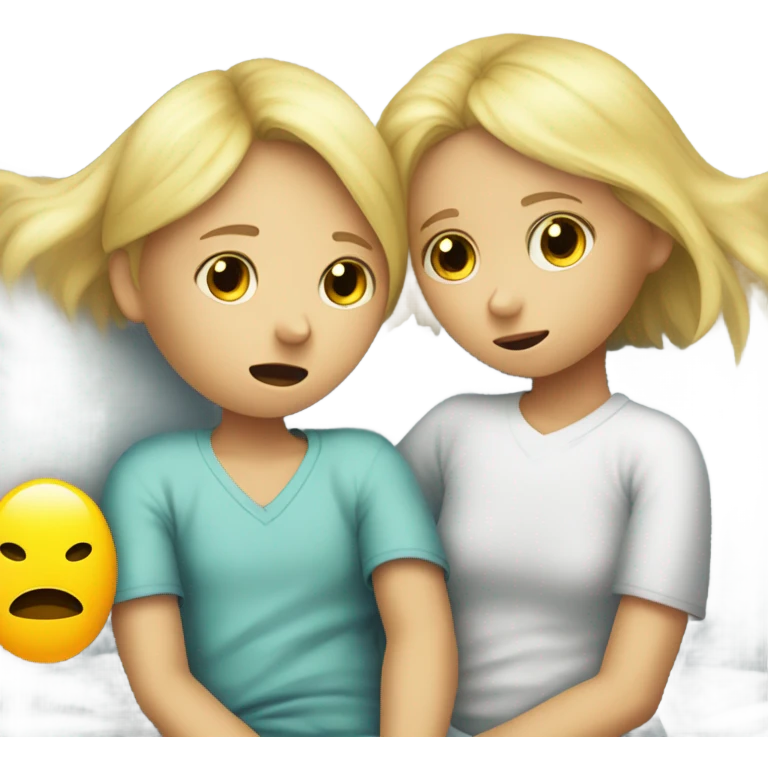 Two blonde children, each in their own bed at home, sick, sad, each wearing a surgical mask, one is a Boy, one is a girl, get well soon sign with yellow heart emoji