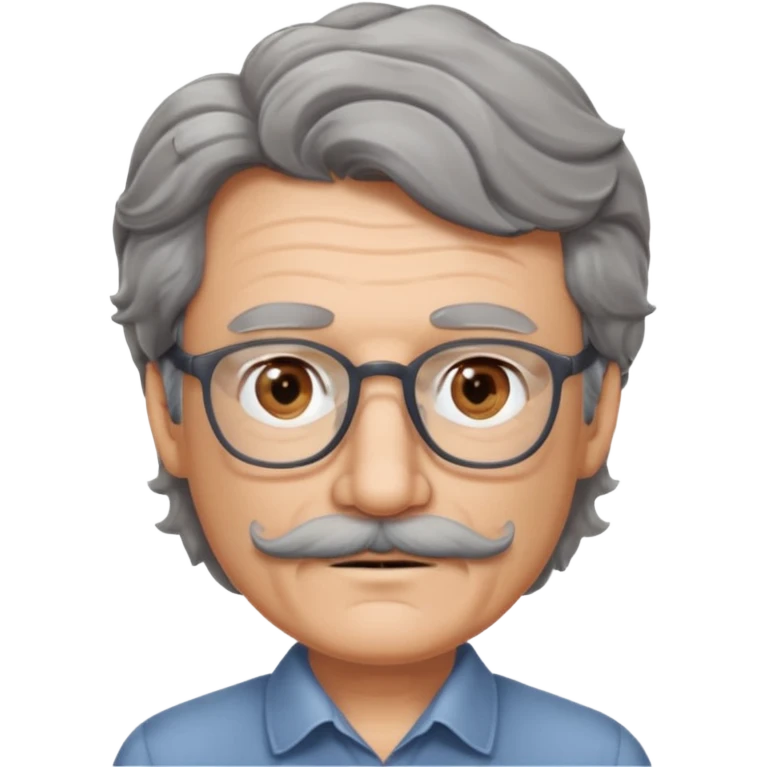 Generate a portrait of a slightly older man with glasses. His hair is quite thin, gray, but wavy. He has brown eyes and a mustache. emoji