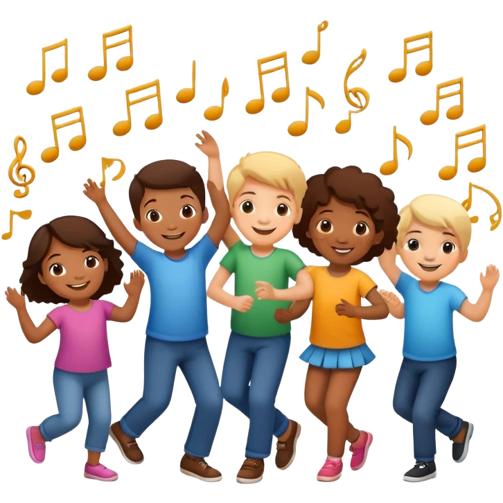 group of children dancing with music notes, fun and friendly emoji