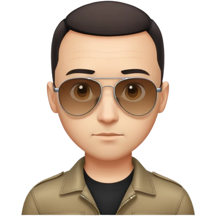 Oval-faced man with large forehead, aviator sunglasses with metal frame, extremely short dark hair with completely bald sides (skin fade), light tan skin, friendly neutral expression, black shirt emoji