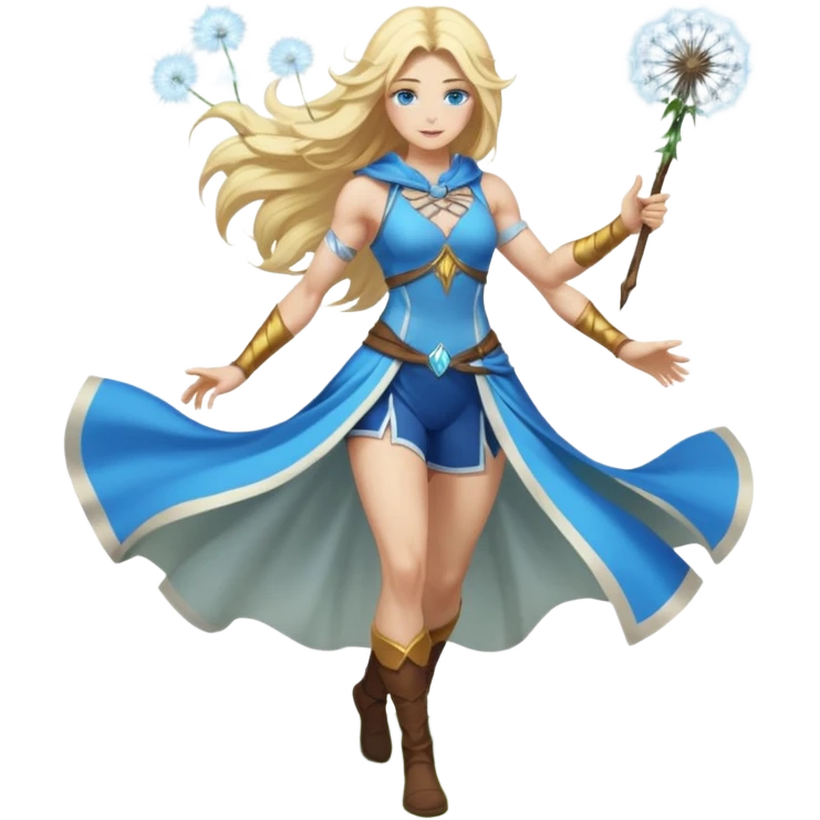 full body woman long blonde hair blue eyes white skin muscular build dandelion wind summoner emoji
