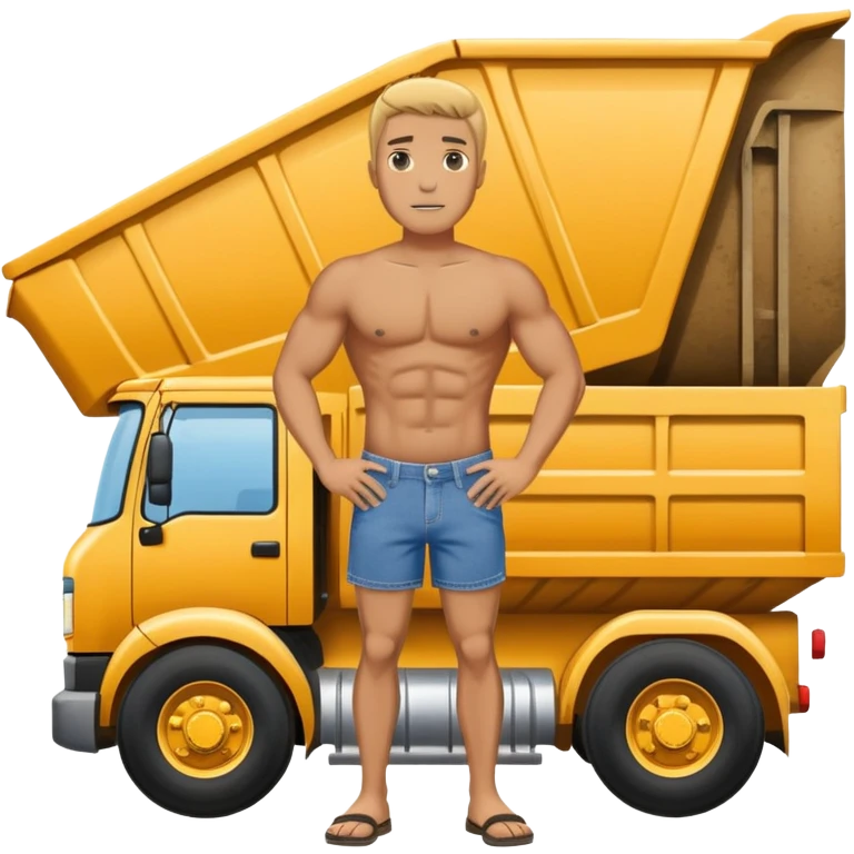 Man with denim speedo standing in front of a dump truck  emoji