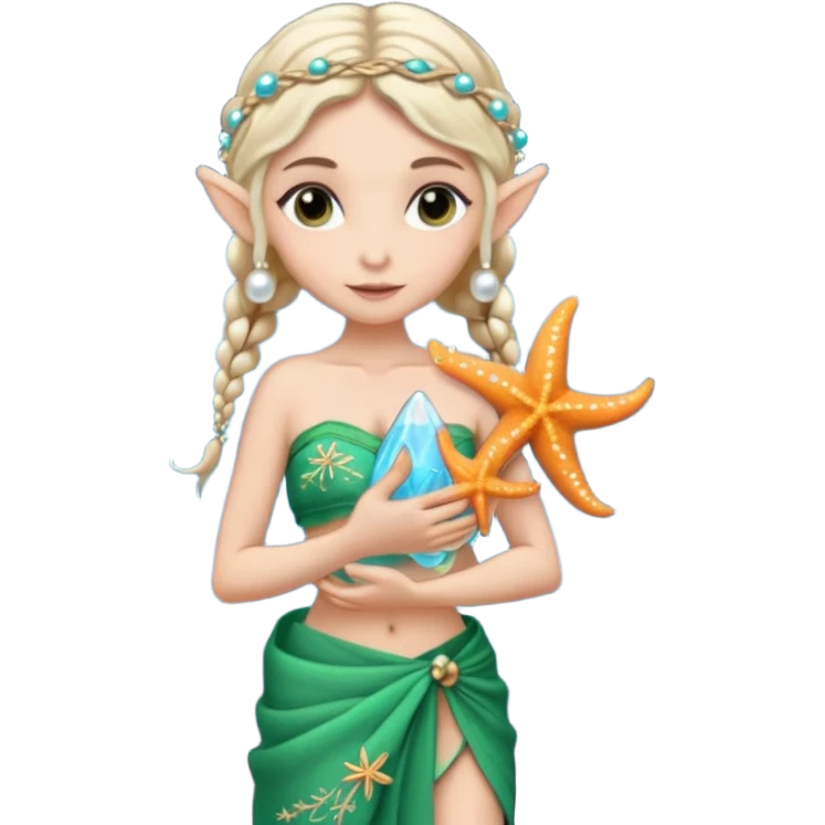 elf female Sarong with bioluminescent embroidery, armful of starfish, hair in a braid with pearl pins emoji