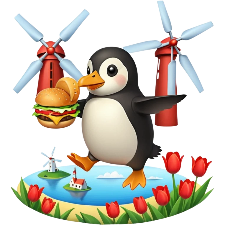 cartoon penguin munching a burger, flying over a landscape with tulips and windmills emoji
