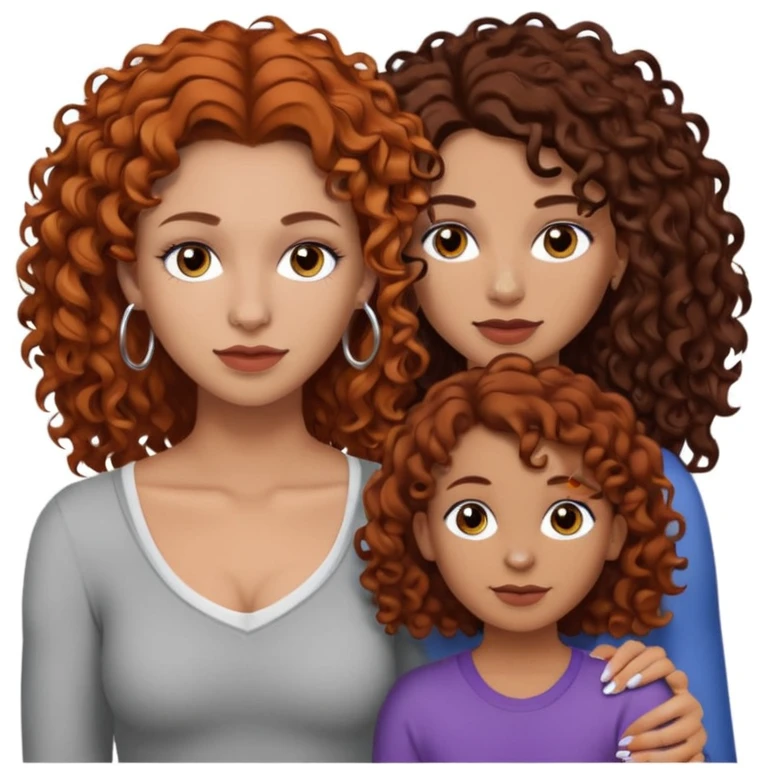 Create a family. A young hot mom. She is an alt girly with dark curly hair, an eyebrow piercing, and a nose ring. Her two teenage kids are gay girlies. One has shoulder length auburn hair and has an eyebrow ring. The other has short bleached curly hair, bleached eyebrows and a lip ring  emoji