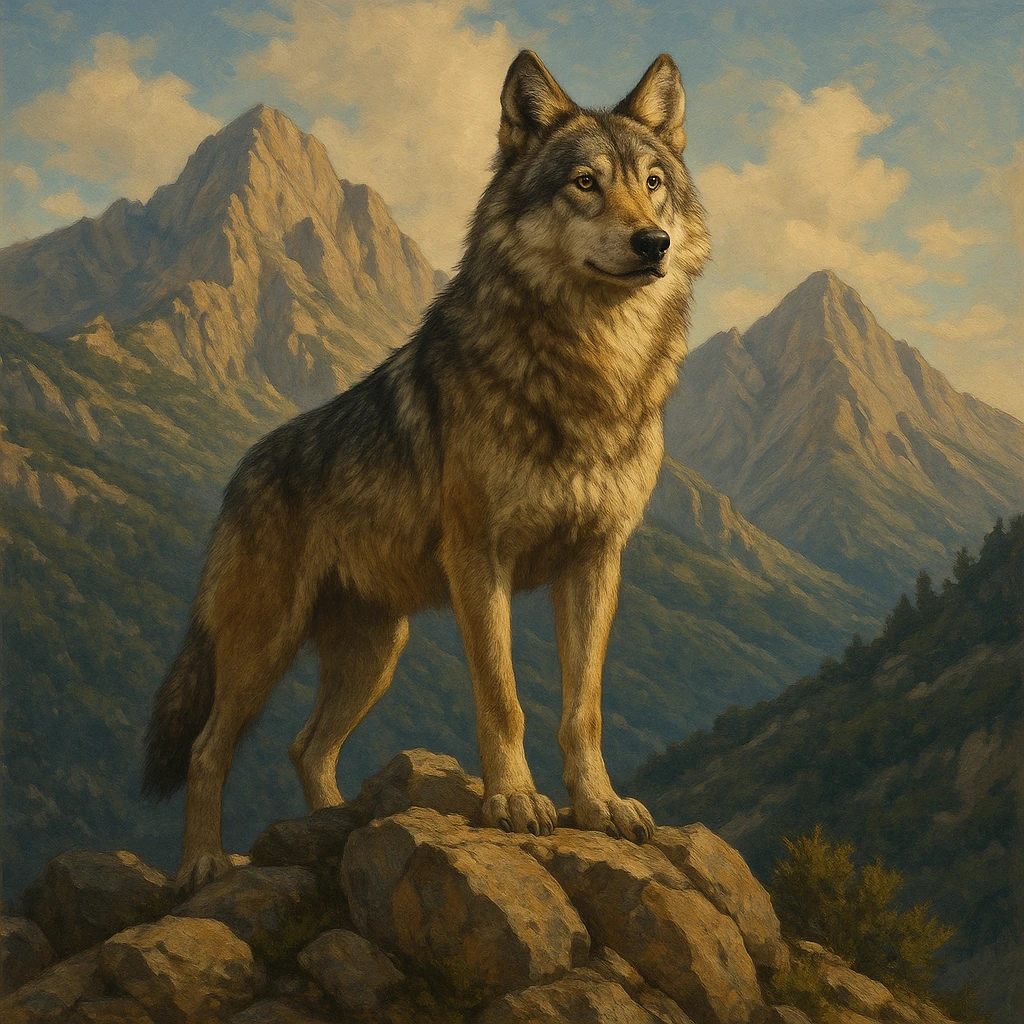 a majestic wolf standing on a rocky peak inspired by the Taygetos mountains, wild and noble expression, natural colors, detailed fur, hint of Greek wilderness emoji