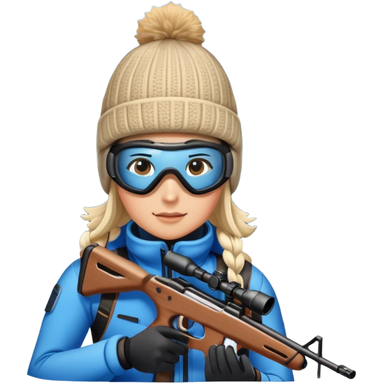 An icon showing a snowy landscape with pine trees, mountains, and a clear sky with a biathlete aiming a rifle in the foreground, wearing winter gear and skis. Transparent background emphasizes the precision, endurance, and beauty of this winter sport. emoji
