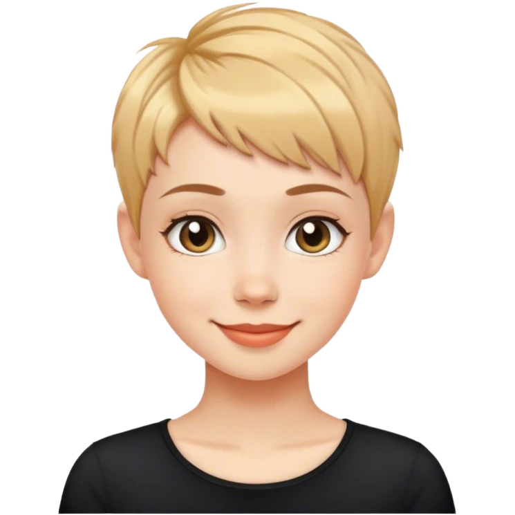 smiling girl with pixie hair cut in black shirt emoji