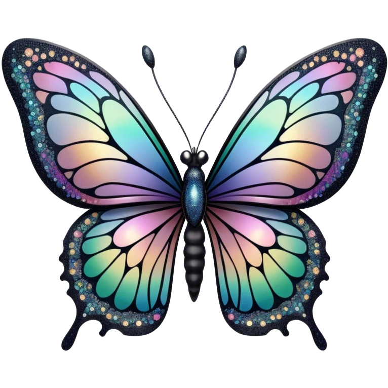 Pastel sparkly black glittery iridescent rainbow transparent butterfly with detailed intricate patterns emoji