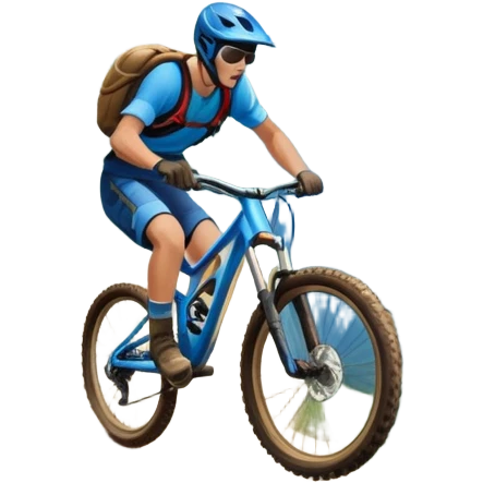 A thrilling downhill mountain biking scene! A rider in full gear speeds down a steep rocky trail, kicking up dust. The rugged mountain landscape surrounds them, with towering peaks, evergreen trees, and a bright blue sky. The rush of adventure is in the air. Transparent background. emoji
