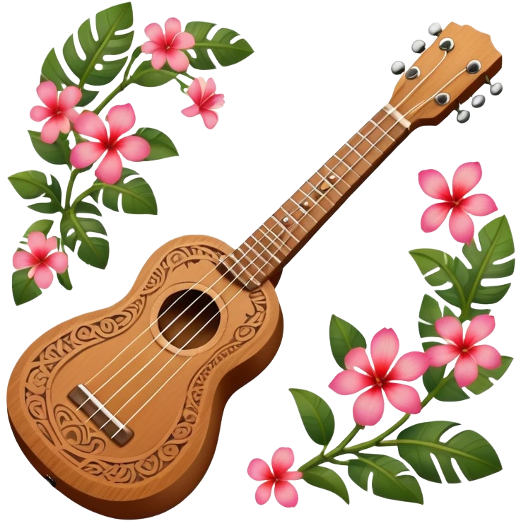 Ukulele with Polynesian carvings with flowers behind it emoji