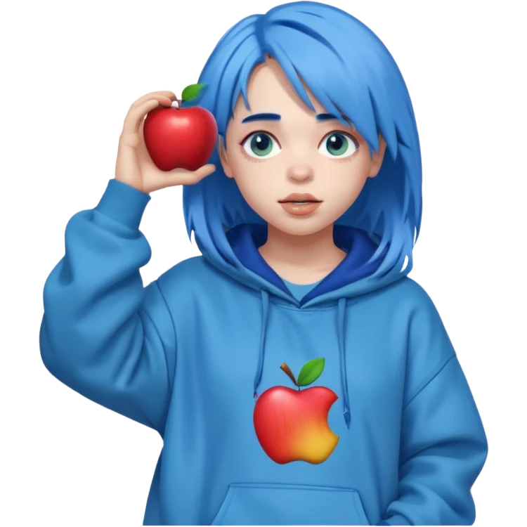 Billie Eilish with blue hair, baggy clothes, playful pose, music icon, Apple emoji style emoji