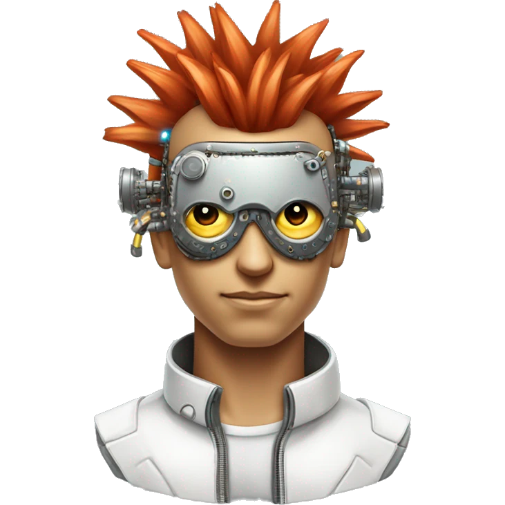 Light red Mohawk hair male cyborg head with white steampunk goggles and circuits emoji