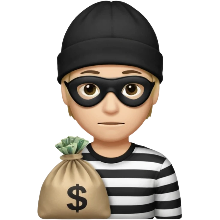 robber wears black eye mask, black beanies and black and white stibes shirt with one brown money bag beside him emoji