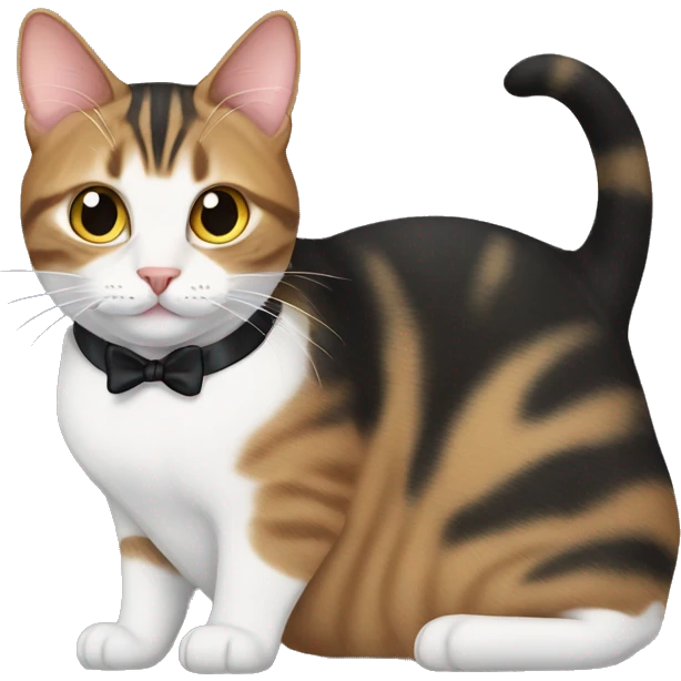 A tabby cat with a tuxedo cat emoji