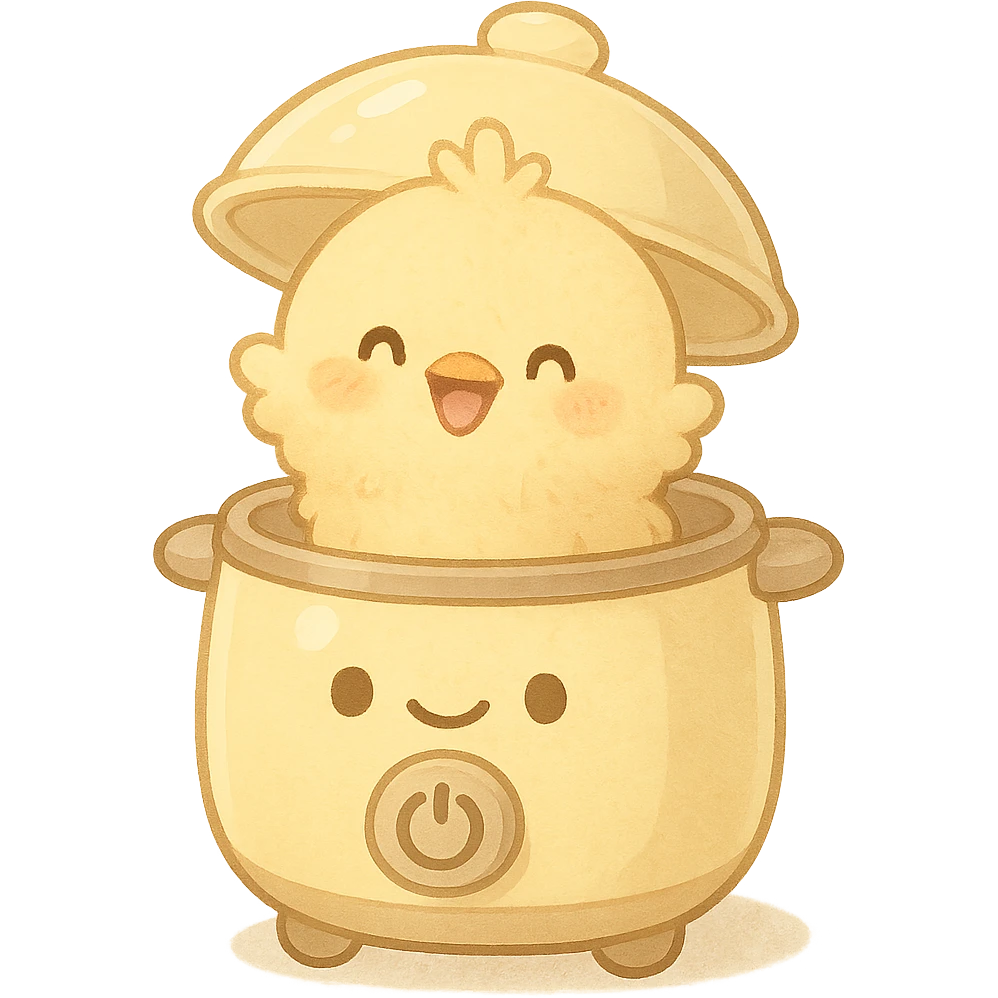 chibi egg cooker with a soft fluffy chick popping out of the lid, smiling brightly, soft yellow tones, full-body emoji