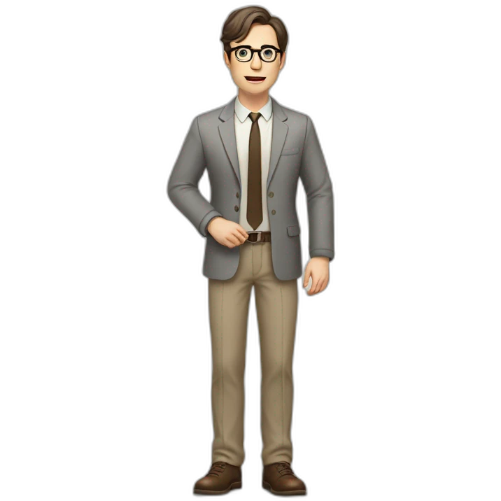 Full height Actively Gesturing Pale skinned fit man with dark brown hair in gray jacket, beige office shirt, brown tie, brown pants and vintage glasses. emoji