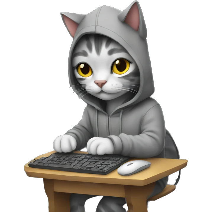 cat is a graphic designer in a hoodie and headphones, working at a computer in photoshop emoji