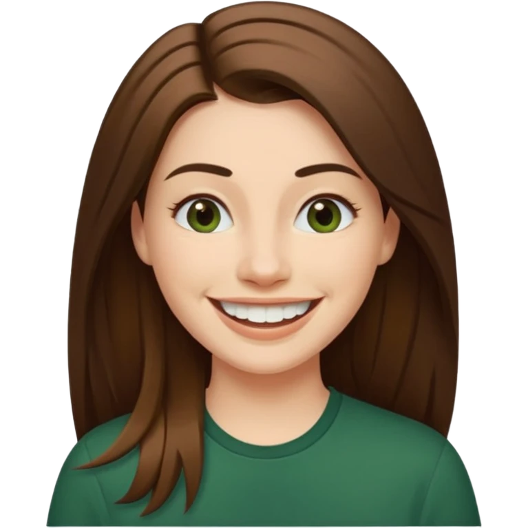 30 yr Caucasian woman long brown straight hair parted on side dark green shirt big smile white teeth emoji