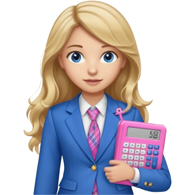 pretty female with long wavy brown hair with blonde highlights and blue eyes holding a pink calculator wearing school uniform which is a blue blazer and white blouse emoji